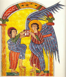 The Angel gives St. John the Book of Revelation